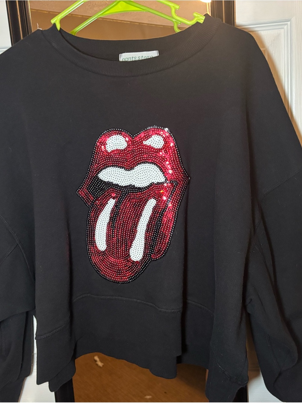 Black Sequin Tongue Motif Crewneck Sweatshirt - Women's